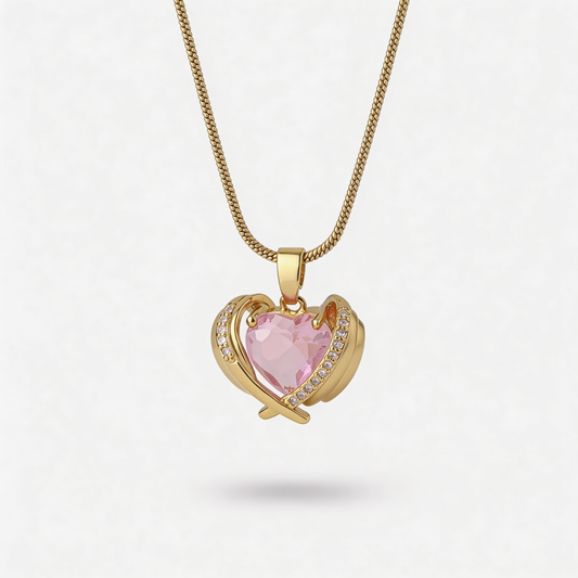 Collier Pendentif Cœur Rosara Pierre Rose – Acier Inoxydable Plaqué Or Femme