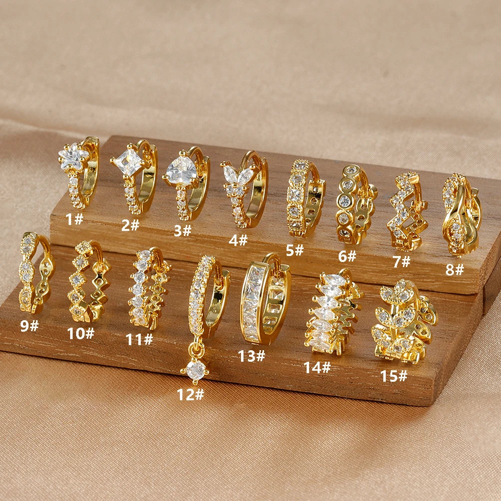 1PC 18K Gold Plated Stainless Steel Round Circle Earrings for Women Teens Cubic Zircon Star Leaf Hoop Earrings Piercing Jewelry