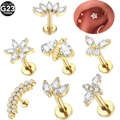 1pcs Titanium Piercing Cross Flower Stud Earring Internally Threaded Cubic Zircon Tragus Helix Piercing Body Jewelry