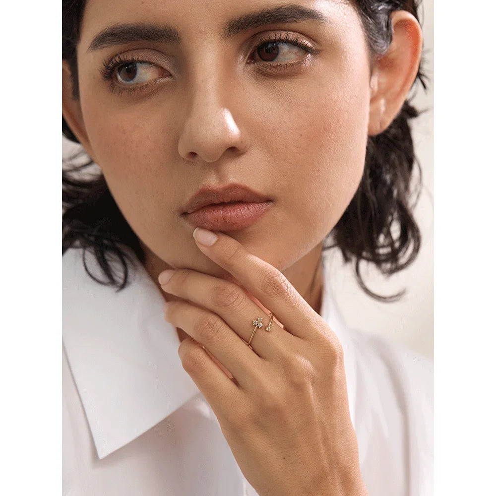 Yhpup Delicate Bling Cubic Zirconia Flower Thin Adjustable Golden Ring Waterproof Stainless Steel Chic Korean Jewelry Gift