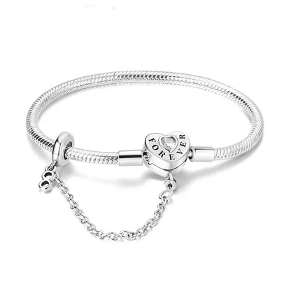 Classic 925 silver Snake Chains Charm Heart Bracelet Original 17-20CM Zircon Bracelets Fit DIY  Women Birthday Jewelry Gifts