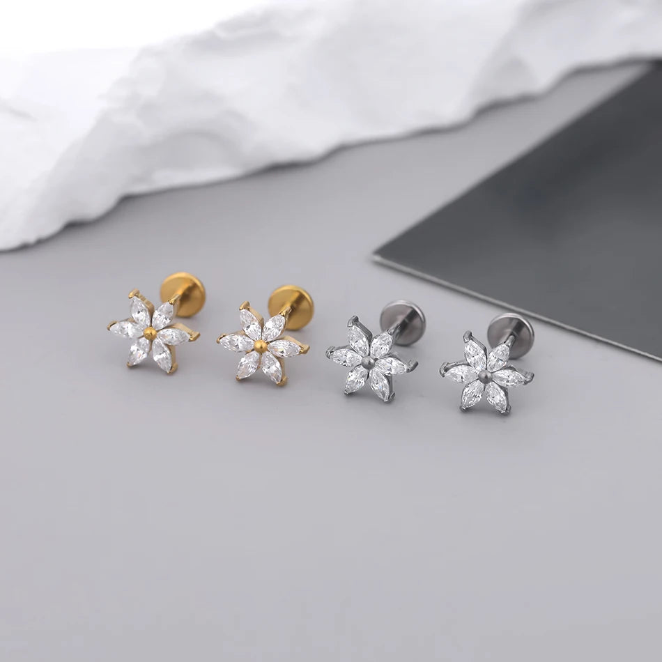 1pcs Titanium Piercing Cross Flower Stud Earring Internally Threaded Cubic Zircon Tragus Helix Piercing Body Jewelry