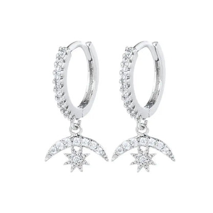 925 Stelings Silver Ear Needle Small Square Drop Earrings For Women Crystal Octagonal Star Sun Hoop Earrings Fashion Jewelry