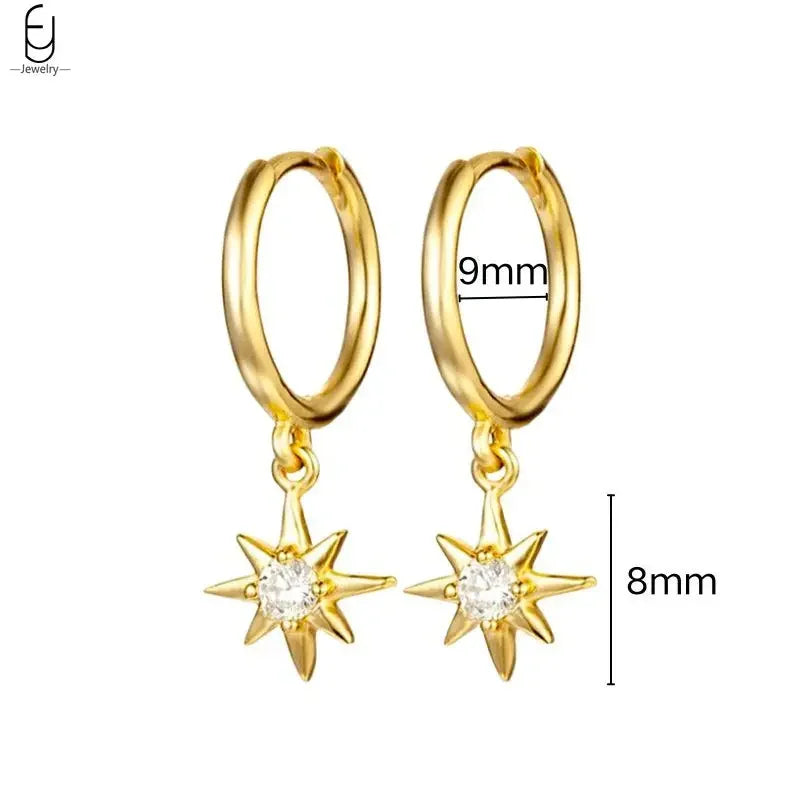 925 Stelings Silver Ear Needle Small Square Drop Earrings For Women Crystal Octagonal Star Sun Hoop Earrings Fashion Jewelry