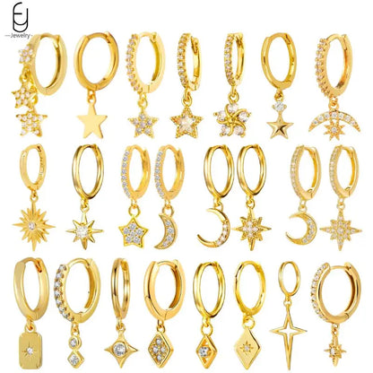 925 Stelings Silver Ear Needle Small Square Drop Earrings For Women Crystal Octagonal Star Sun Hoop Earrings Fashion Jewelry