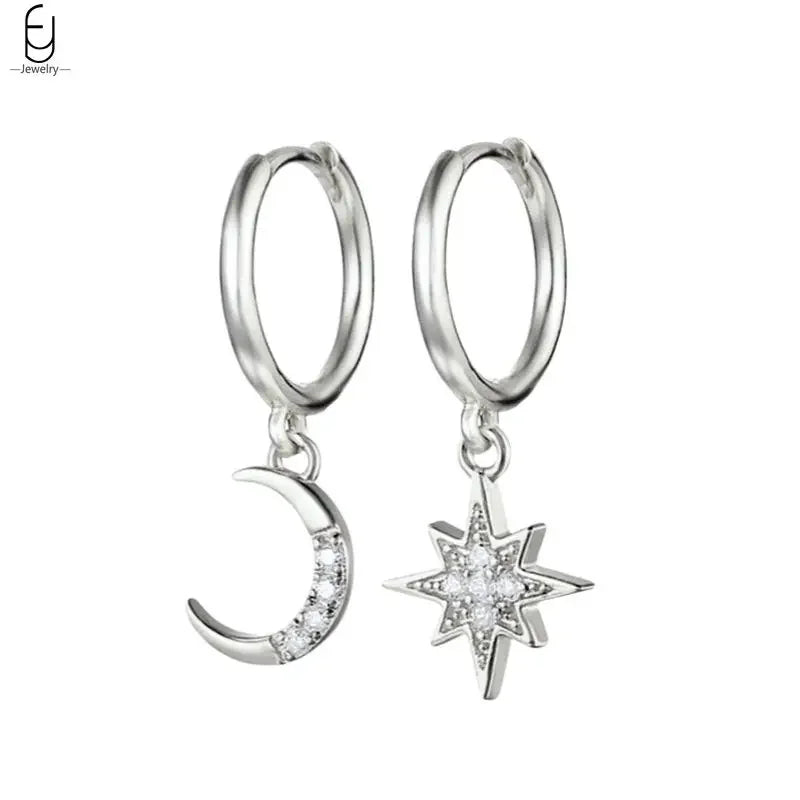 925 Stelings Silver Ear Needle Small Square Drop Earrings For Women Crystal Octagonal Star Sun Hoop Earrings Fashion Jewelry
