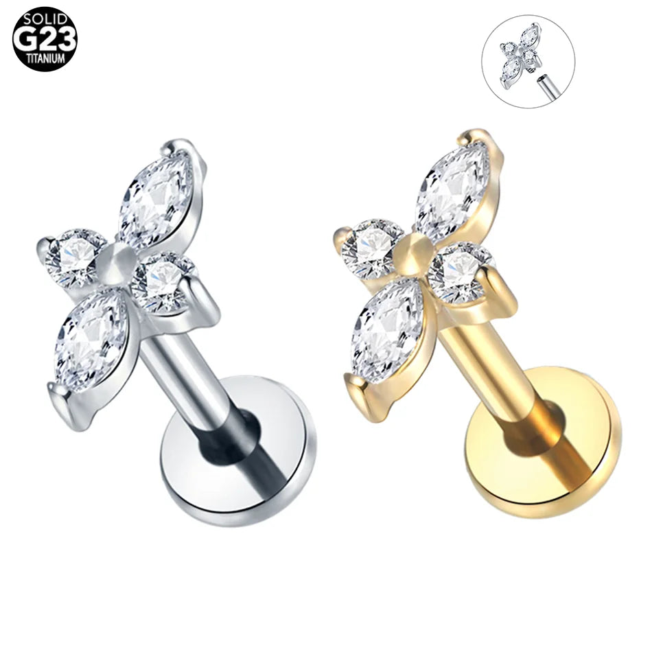 1pcs Titanium Piercing Cross Flower Stud Earring Internally Threaded Cubic Zircon Tragus Helix Piercing Body Jewelry