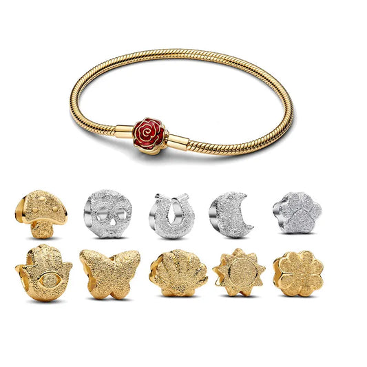 New 14K Gold Plated 925 Silver Flower Mushroom Charms Shell Bead DIY Fit Rose In Bloom Bracelets Necklace Women Jewelry Gift