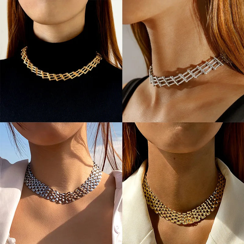 Docona Tocona Punk Heavy Metal Chain Choker Necklace for Women Fashion Gold Silver Color Alloy Simple Style Party Jewelry Collar