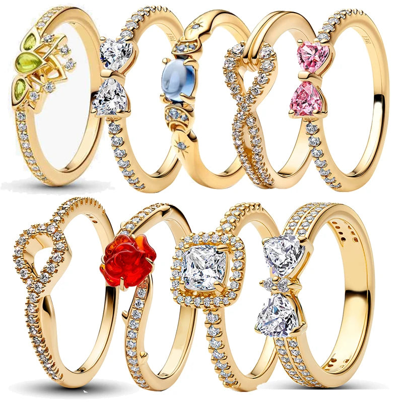 2025 New 14K Gold Plating Ring Sparkling Pink Bow Ring Princess Ring Original 925 Silver Color Finger Ring Fine Jewelry Women Gi