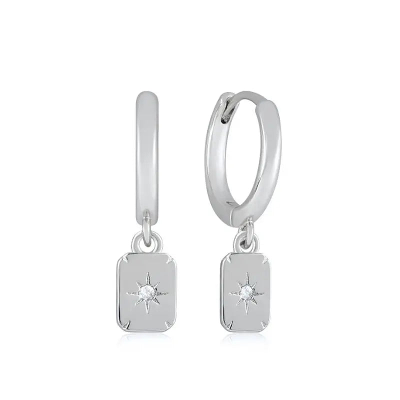 925 Stelings Silver Ear Needle Small Square Drop Earrings For Women Crystal Octagonal Star Sun Hoop Earrings Fashion Jewelry