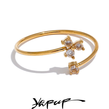 Yhpup Delicate Bling Cubic Zirconia Flower Thin Adjustable Golden Ring Waterproof Stainless Steel Chic Korean Jewelry Gift
