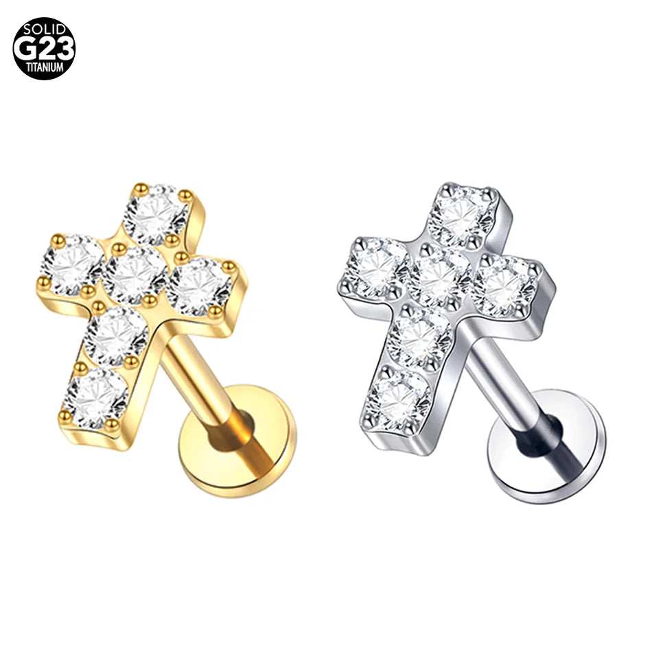 1pcs Titanium Piercing Cross Flower Stud Earring Internally Threaded Cubic Zircon Tragus Helix Piercing Body Jewelry