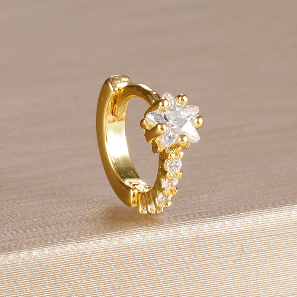 1PC 18K Gold Plated Stainless Steel Round Circle Earrings for Women Teens Cubic Zircon Star Leaf Hoop Earrings Piercing Jewelry