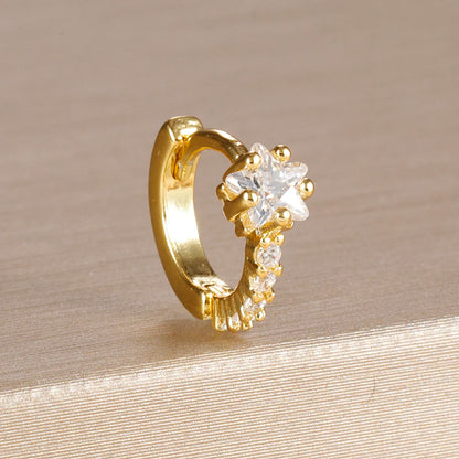 1PC 18K Gold Plated Stainless Steel Round Circle Earrings for Women Teens Cubic Zircon Star Leaf Hoop Earrings Piercing Jewelry