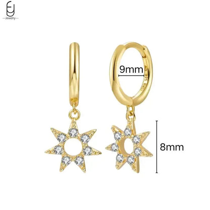 925 Stelings Silver Ear Needle Small Square Drop Earrings For Women Crystal Octagonal Star Sun Hoop Earrings Fashion Jewelry