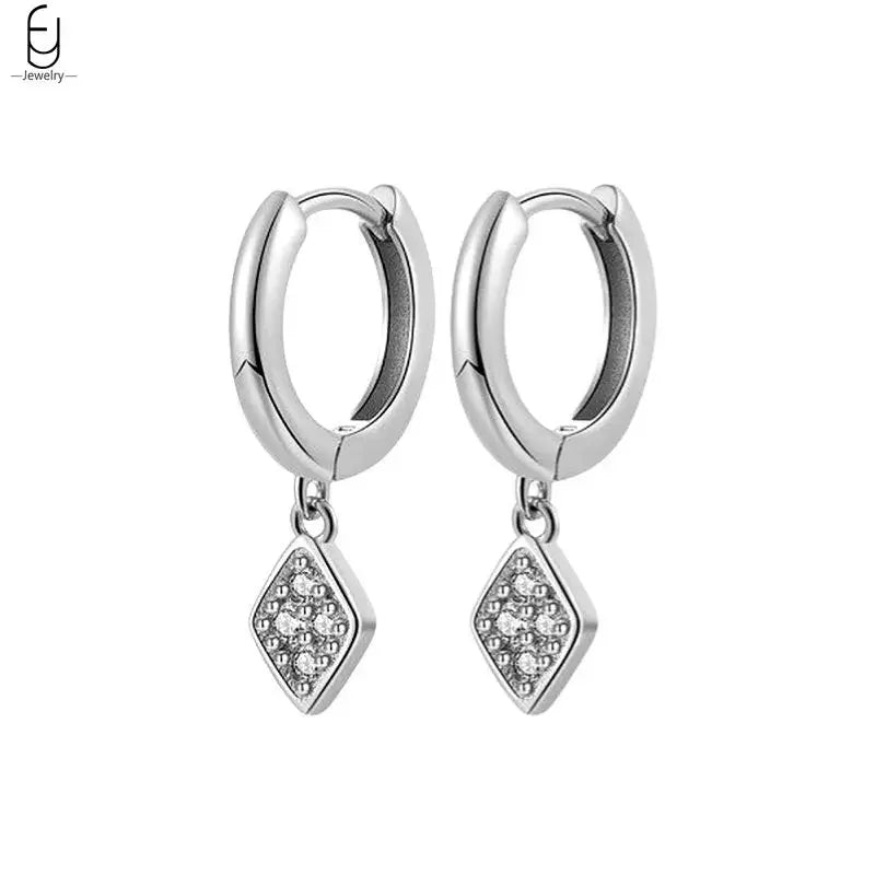 925 Stelings Silver Ear Needle Small Square Drop Earrings For Women Crystal Octagonal Star Sun Hoop Earrings Fashion Jewelry