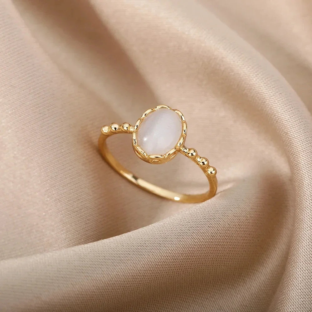 Fashion White Opal Rings For Women Gold Color Stainless Steel Opal Ring Wedding Engagement Aesthetic Jewelry Gift 2024 ﻿