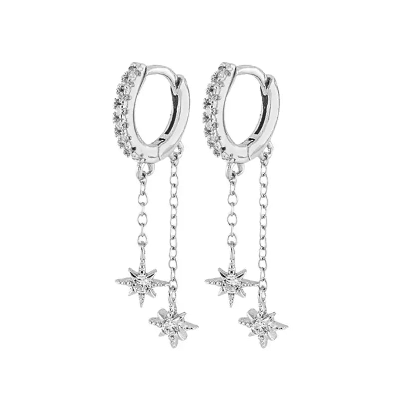 925 Stelings Silver Ear Needle Small Square Drop Earrings For Women Crystal Octagonal Star Sun Hoop Earrings Fashion Jewelry