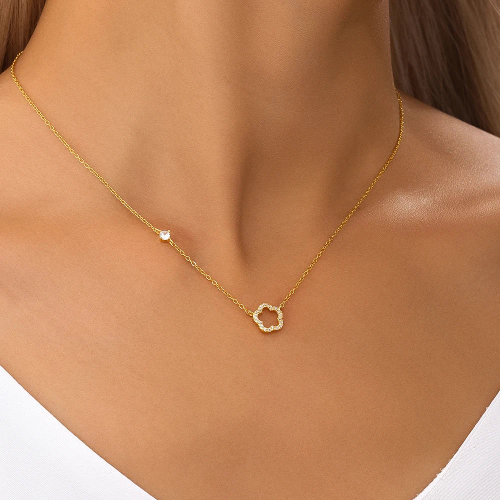 AIDE 925 Sterling Silver Flower Shell With Zircon Necklace For Women Design Delicate Zircon Adjustable Exquisite Chains Jewelry