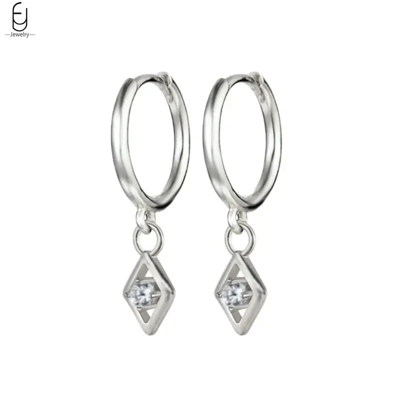 925 Stelings Silver Ear Needle Small Square Drop Earrings For Women Crystal Octagonal Star Sun Hoop Earrings Fashion Jewelry