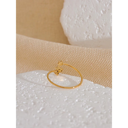 Yhpup Delicate Bling Cubic Zirconia Flower Thin Adjustable Golden Ring Waterproof Stainless Steel Chic Korean Jewelry Gift