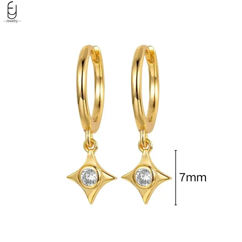 925 Stelings Silver Ear Needle Small Square Drop Earrings For Women Crystal Octagonal Star Sun Hoop Earrings Fashion Jewelry
