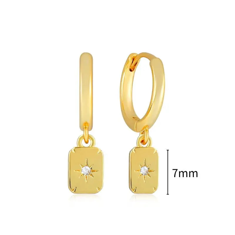 925 Stelings Silver Ear Needle Small Square Drop Earrings For Women Crystal Octagonal Star Sun Hoop Earrings Fashion Jewelry