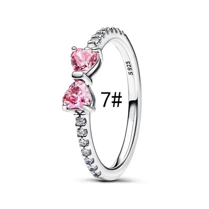 Fine Jewelry Pink Shining Bow Set Ring Earrings Bracelet Necklace Zircon Original 925 Sterling Silver DIY Women DIY Birthdy Gift