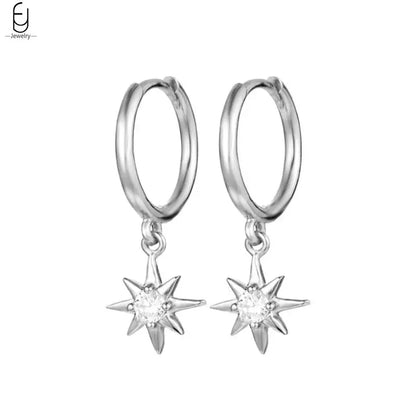 925 Stelings Silver Ear Needle Small Square Drop Earrings For Women Crystal Octagonal Star Sun Hoop Earrings Fashion Jewelry