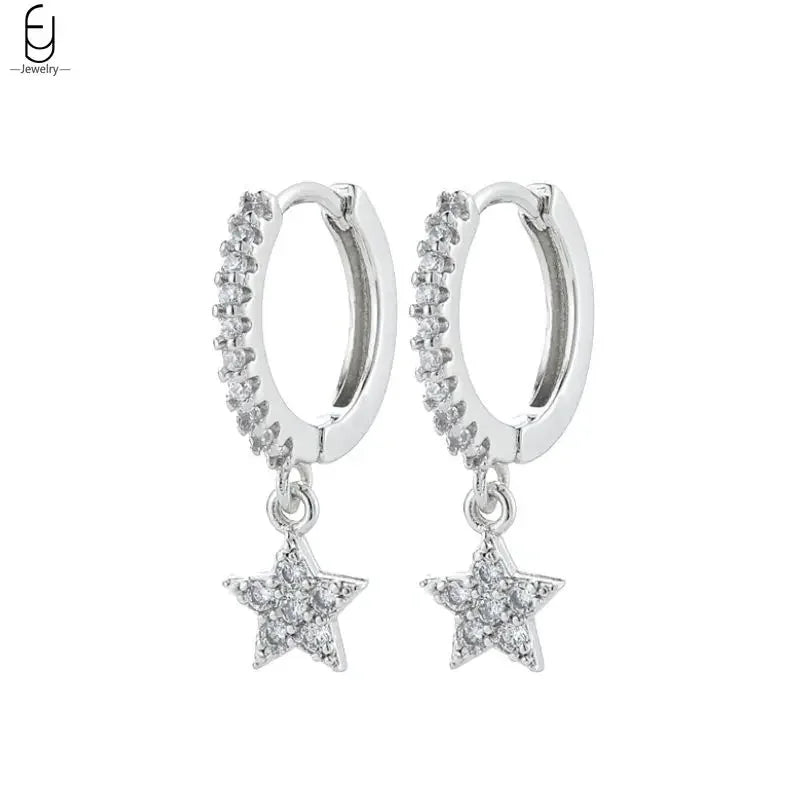 925 Stelings Silver Ear Needle Small Square Drop Earrings For Women Crystal Octagonal Star Sun Hoop Earrings Fashion Jewelry