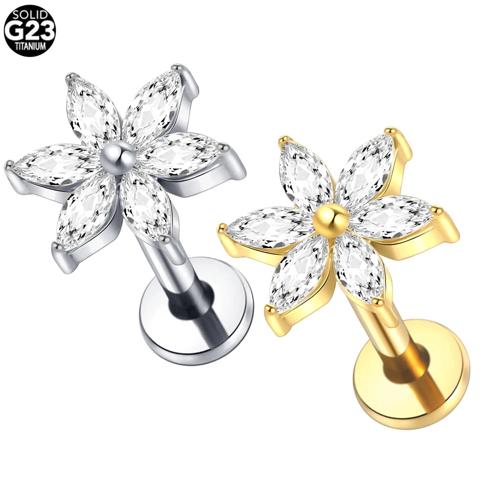 1pcs Titanium Piercing Cross Flower Stud Earring Internally Threaded Cubic Zircon Tragus Helix Piercing Body Jewelry