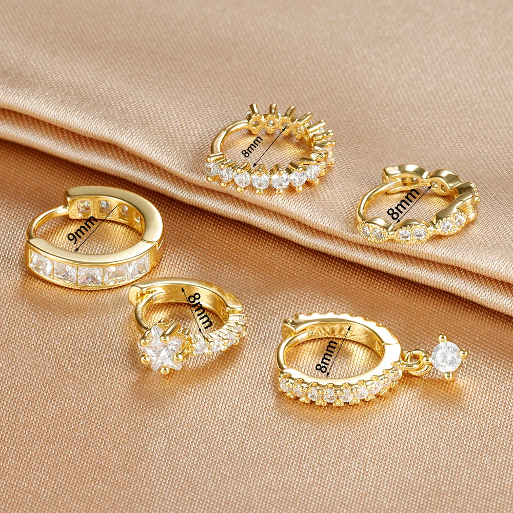 1PC 18K Gold Plated Stainless Steel Round Circle Earrings for Women Teens Cubic Zircon Star Leaf Hoop Earrings Piercing Jewelry