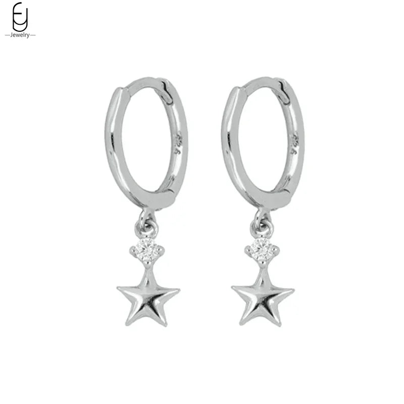 925 Stelings Silver Ear Needle Small Square Drop Earrings For Women Crystal Octagonal Star Sun Hoop Earrings Fashion Jewelry