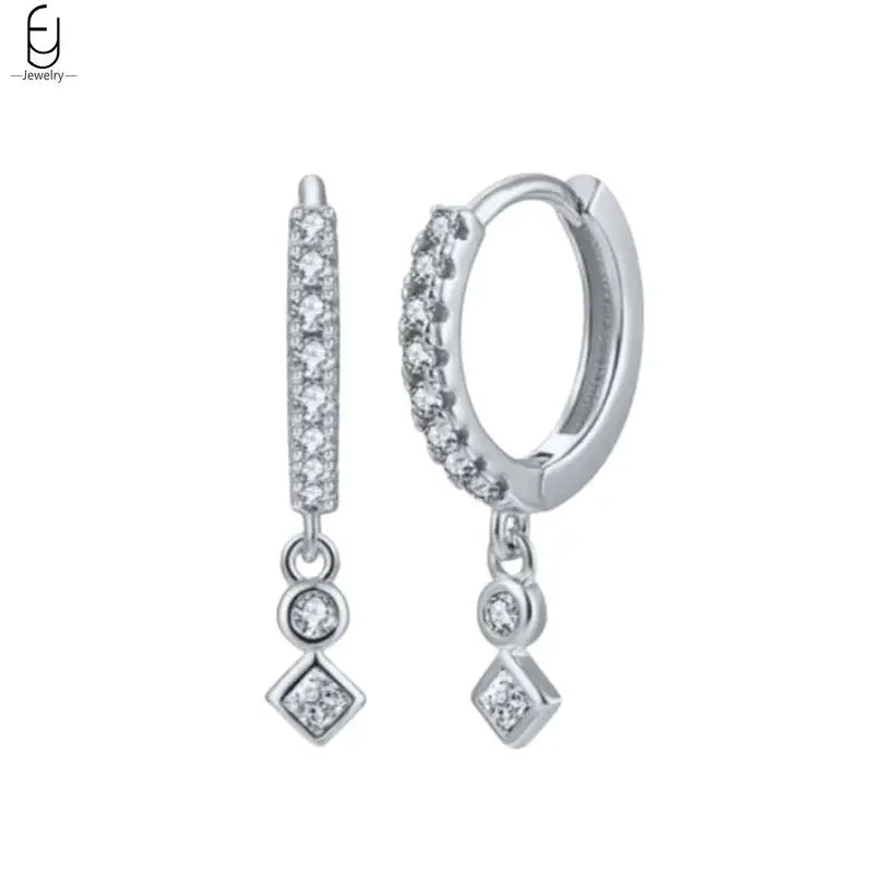 925 Stelings Silver Ear Needle Small Square Drop Earrings For Women Crystal Octagonal Star Sun Hoop Earrings Fashion Jewelry