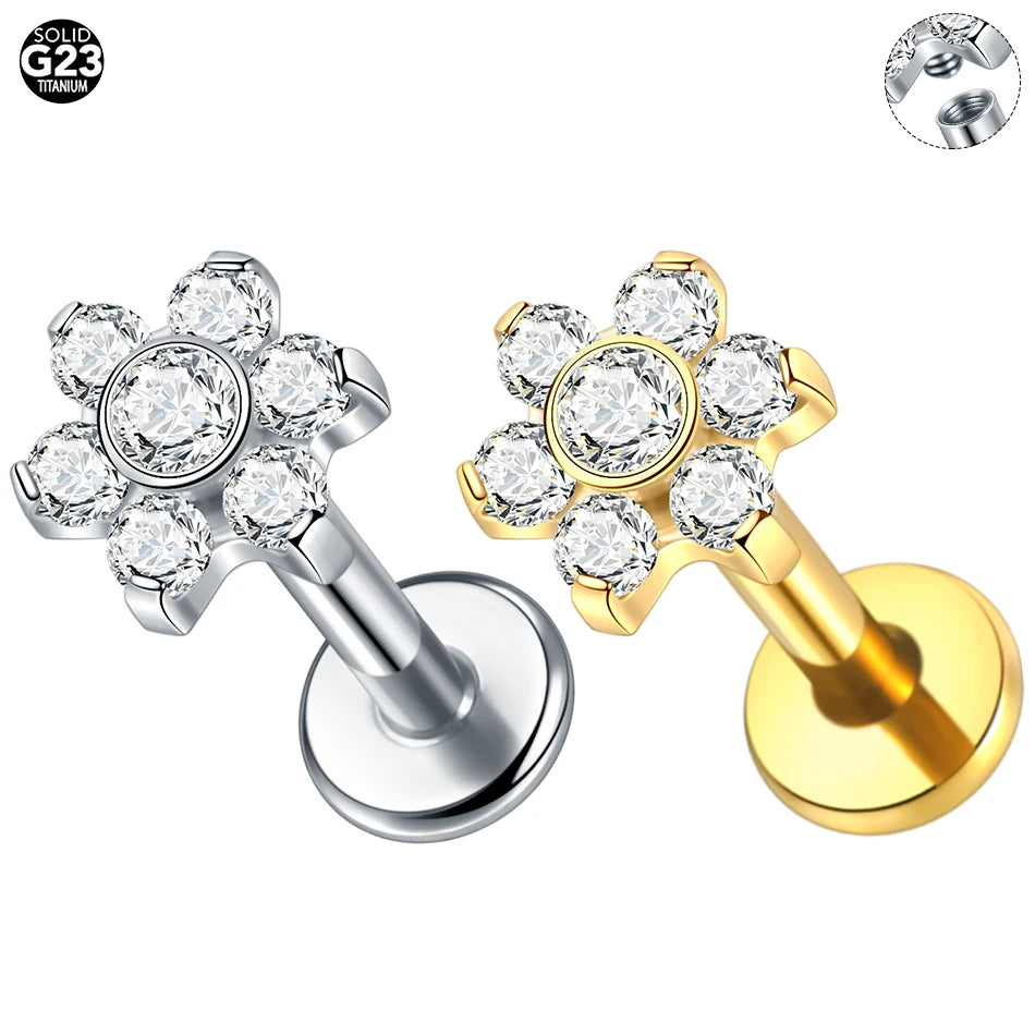 1pcs Titanium Piercing Cross Flower Stud Earring Internally Threaded Cubic Zircon Tragus Helix Piercing Body Jewelry