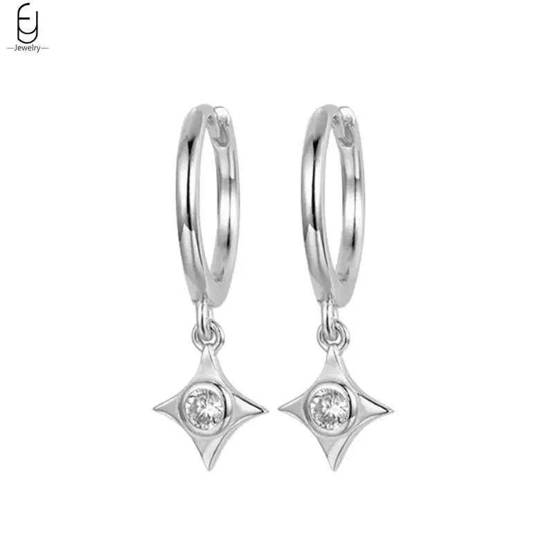 925 Stelings Silver Ear Needle Small Square Drop Earrings For Women Crystal Octagonal Star Sun Hoop Earrings Fashion Jewelry