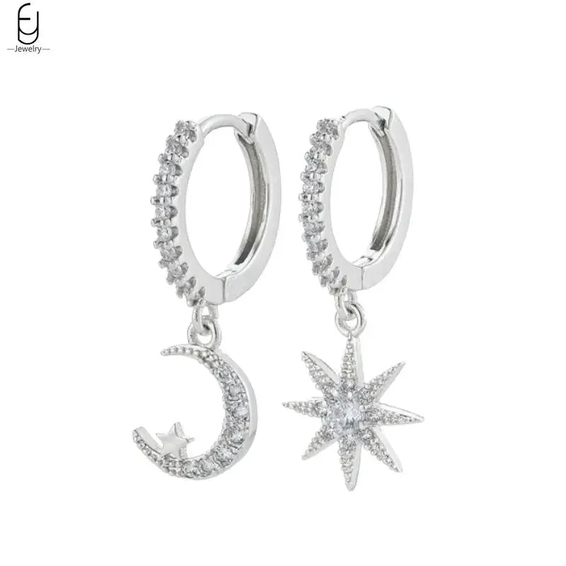 925 Stelings Silver Ear Needle Small Square Drop Earrings For Women Crystal Octagonal Star Sun Hoop Earrings Fashion Jewelry