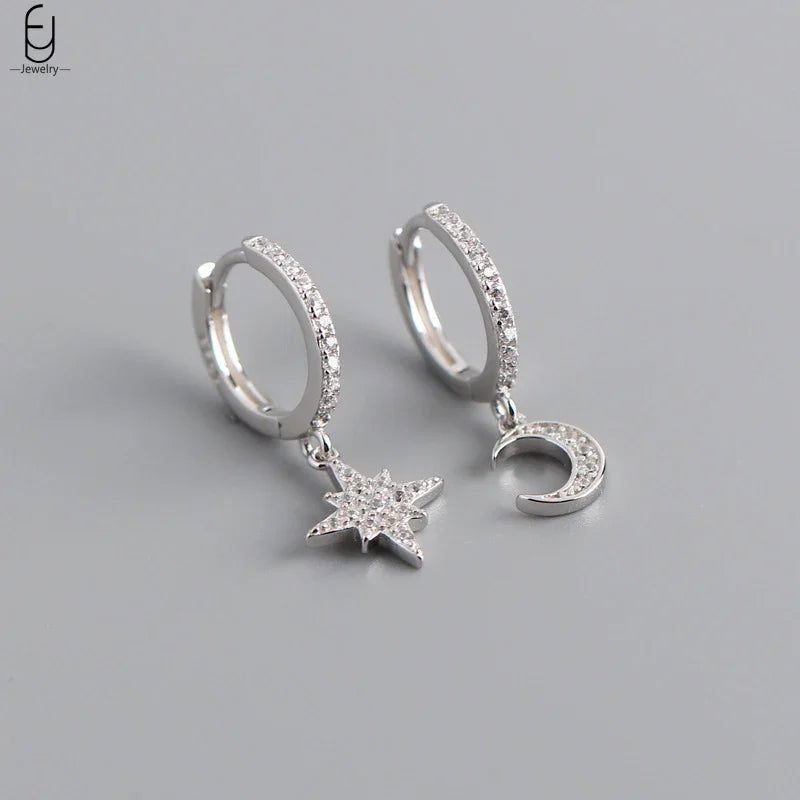 925 Stelings Silver Ear Needle Small Square Drop Earrings For Women Crystal Octagonal Star Sun Hoop Earrings Fashion Jewelry