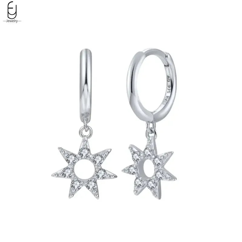 925 Stelings Silver Ear Needle Small Square Drop Earrings For Women Crystal Octagonal Star Sun Hoop Earrings Fashion Jewelry