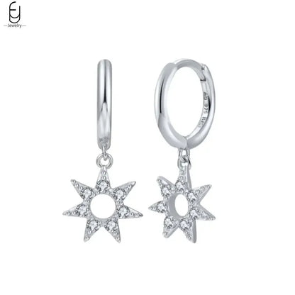 925 Stelings Silver Ear Needle Small Square Drop Earrings For Women Crystal Octagonal Star Sun Hoop Earrings Fashion Jewelry