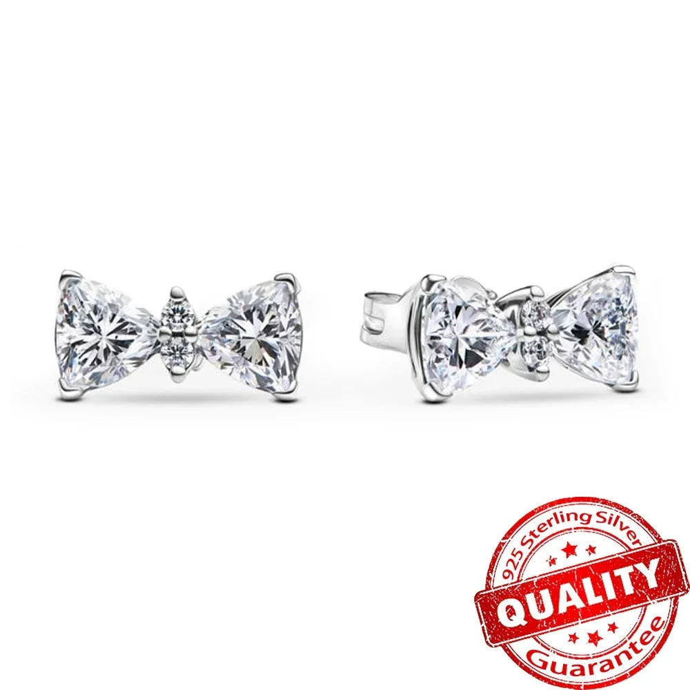 Fine Jewelry Pink Shining Bow Set Ring Earrings Bracelet Necklace Zircon Original 925 Sterling Silver DIY Women DIY Birthdy Gift