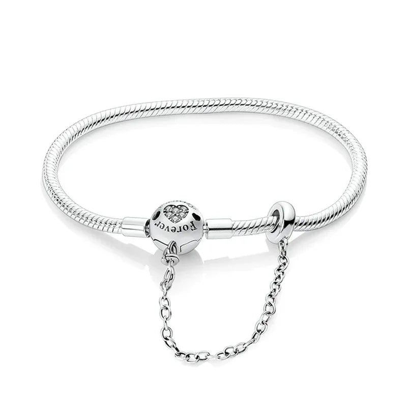 Classic 925 silver Snake Chains Charm Heart Bracelet Original 17-20CM Zircon Bracelets Fit DIY  Women Birthday Jewelry Gifts
