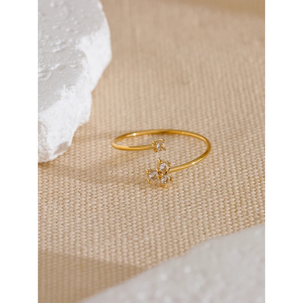 Yhpup Delicate Bling Cubic Zirconia Flower Thin Adjustable Golden Ring Waterproof Stainless Steel Chic Korean Jewelry Gift