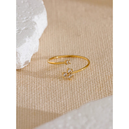 Yhpup Delicate Bling Cubic Zirconia Flower Thin Adjustable Golden Ring Waterproof Stainless Steel Chic Korean Jewelry Gift