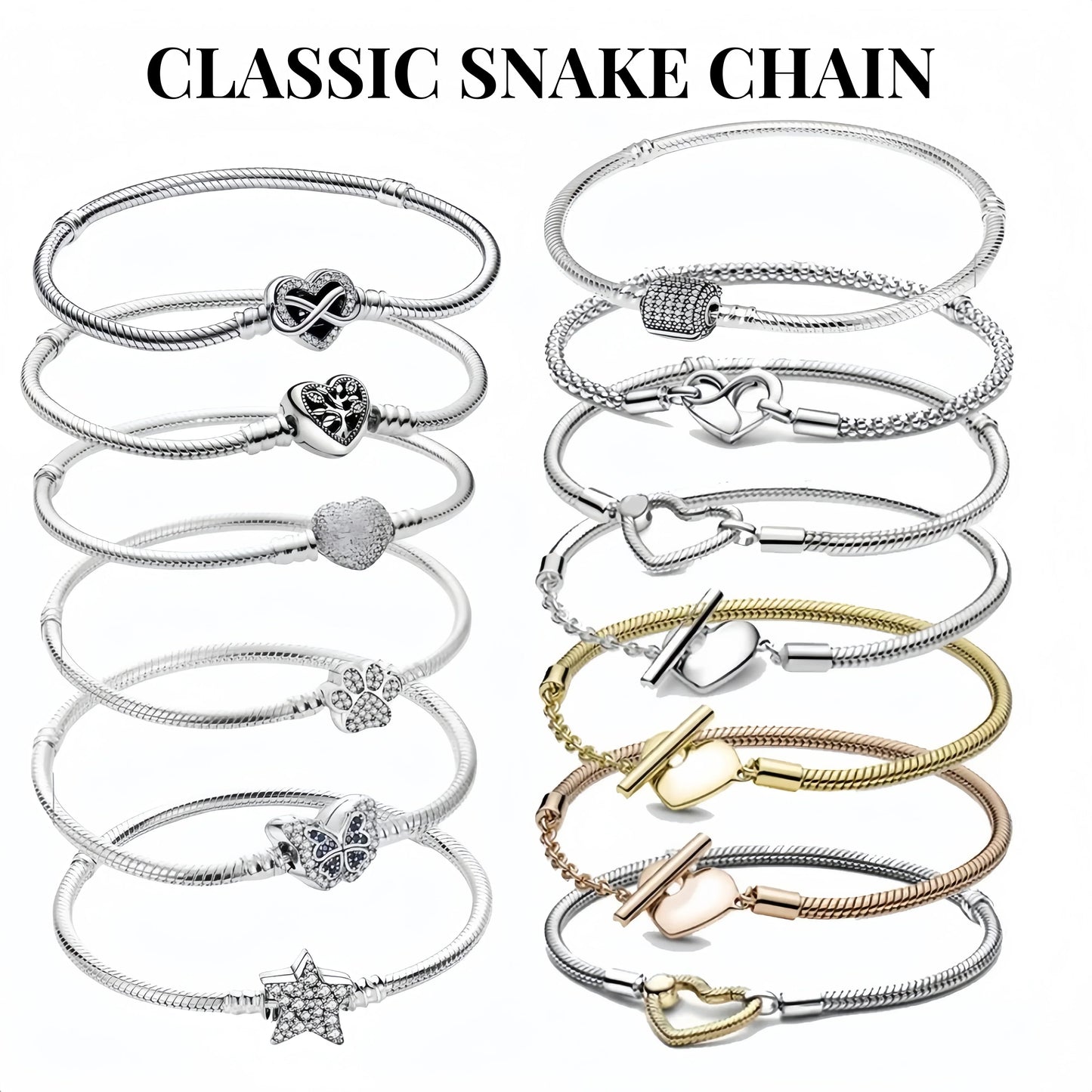 Classic 925 silver Snake Chains Charm Heart Bracelet Original 17-20CM Zircon Bracelets Fit DIY  Women Birthday Jewelry Gifts
