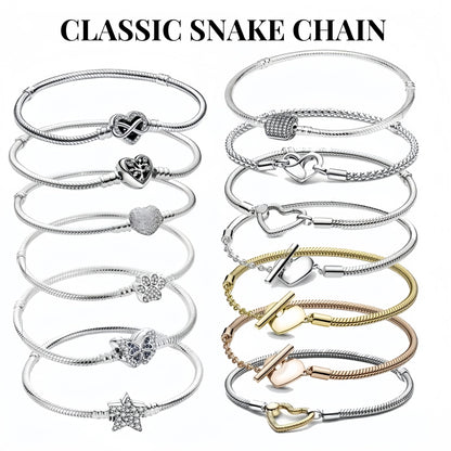 Classic 925 silver Snake Chains Charm Heart Bracelet Original 17-20CM Zircon Bracelets Fit DIY  Women Birthday Jewelry Gifts