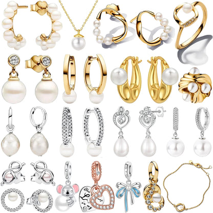 New Original 925 Sterling Silver Pearl Set Charms Ring Heart Earrings Beads Romantic Pendant Fit Bracelets Necklace Jewelry Gift