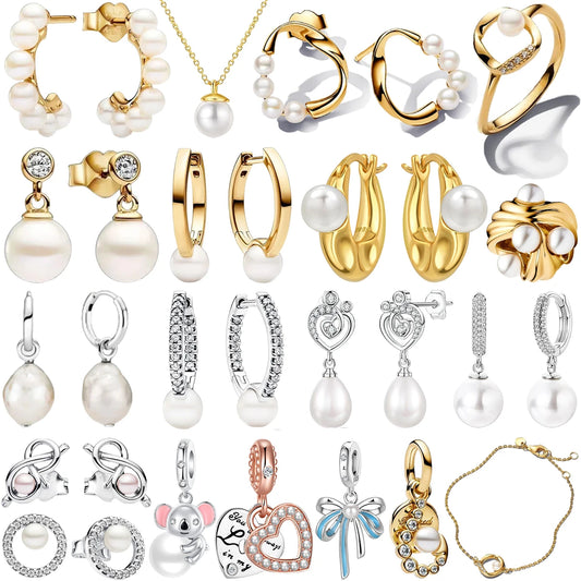 New Original 925 Sterling Silver Pearl Set Charms Ring Heart Earrings Beads Romantic Pendant Fit Bracelets Necklace Jewelry Gift