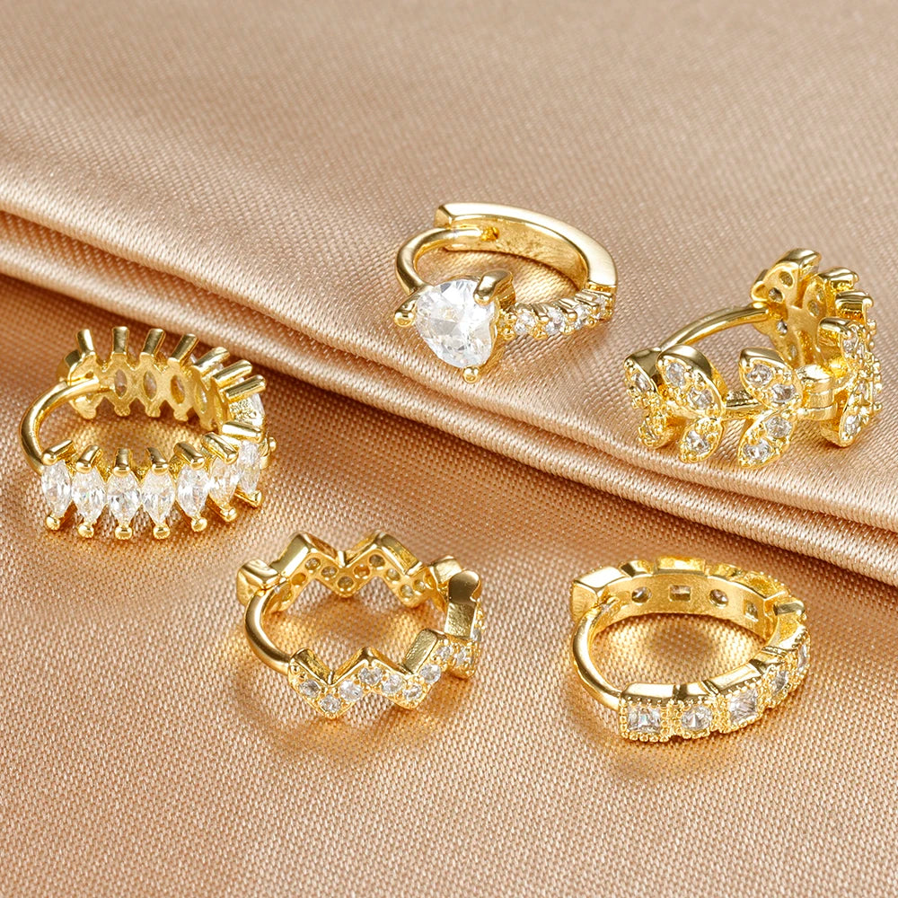 1PC 18K Gold Plated Stainless Steel Round Circle Earrings for Women Teens Cubic Zircon Star Leaf Hoop Earrings Piercing Jewelry